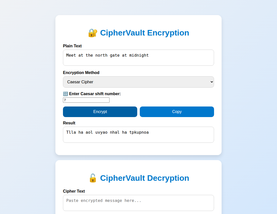 CipherVault encrypting text with a Caesar cipher