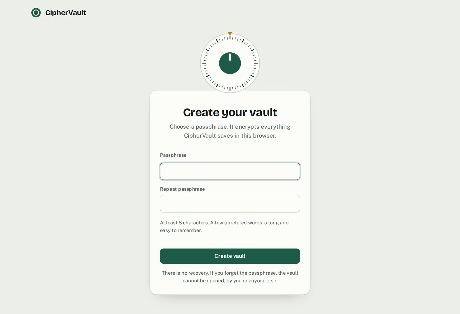 CipherVault create vault screen with a combination dial
