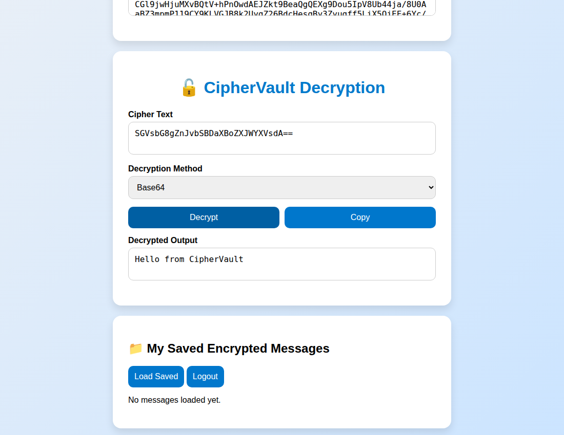 CipherVault decrypting a Base64 message