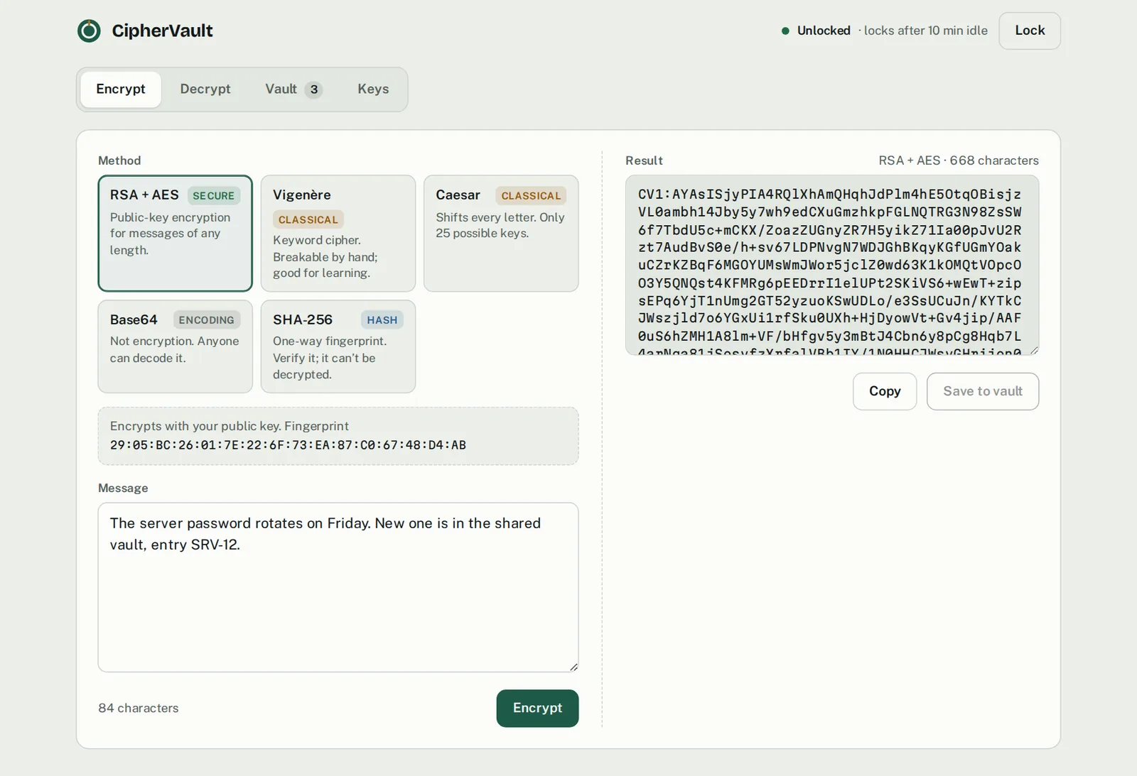 CipherVault encrypting a message with RSA and AES