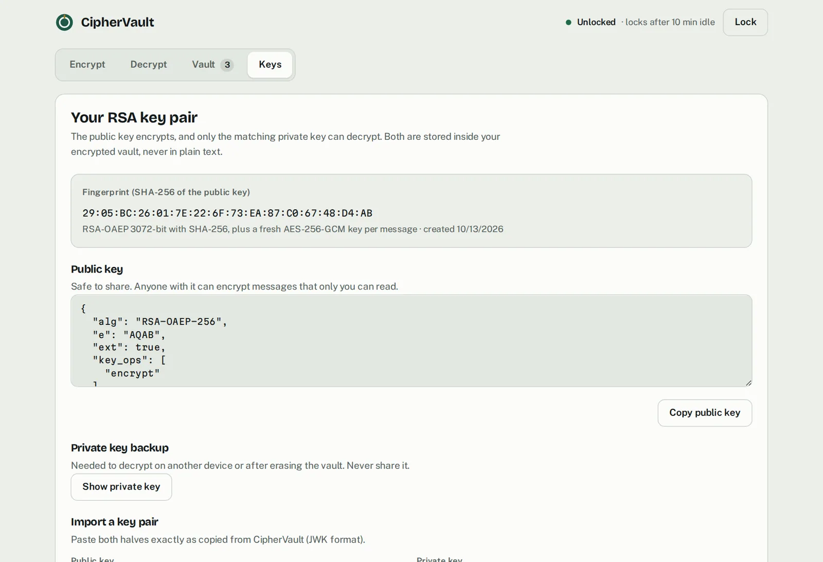 CipherVault key management with fingerprint and public key