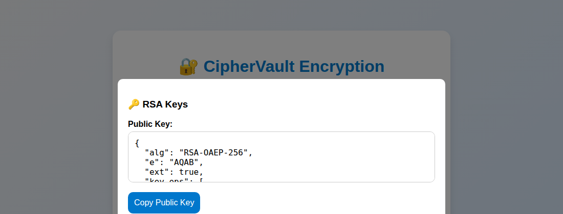 CipherVault RSA public key export modal