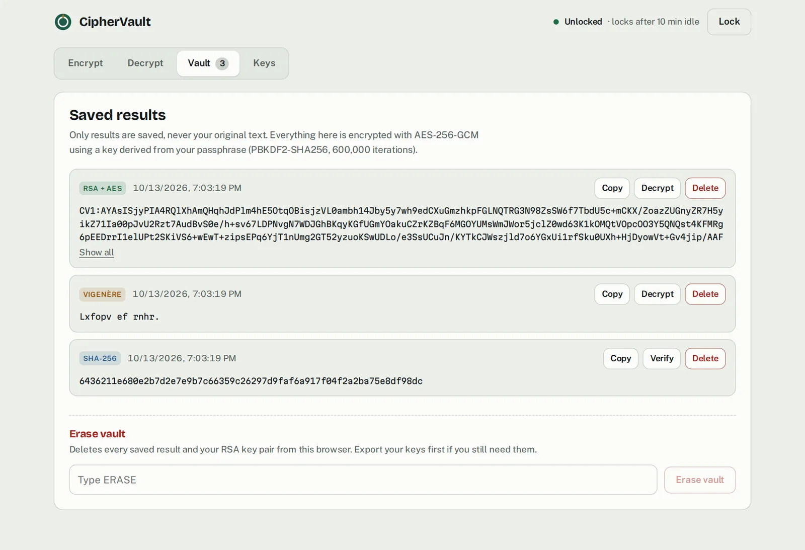 CipherVault vault with saved encrypted results