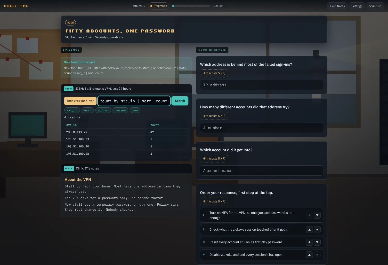 SIEM search in a case, a stats-count query ranking failed sign-ins by source address