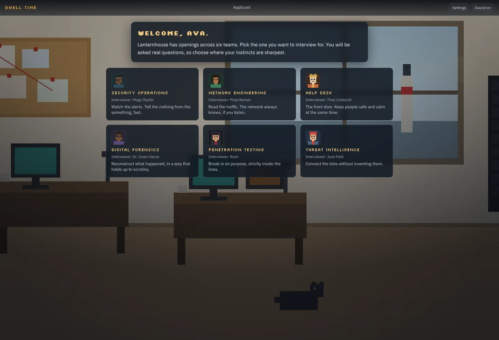 Team select screen with six security teams, each with its own interviewer