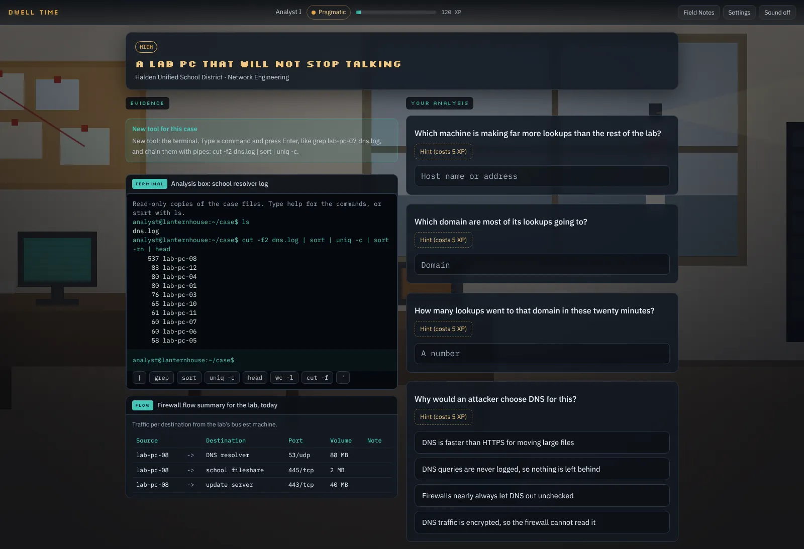 In-game terminal running a cut, sort and uniq pipeline over a DNS log