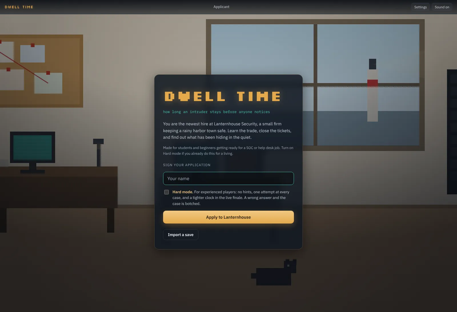 Dwell Time title screen with an application form to join Lanternhouse Security