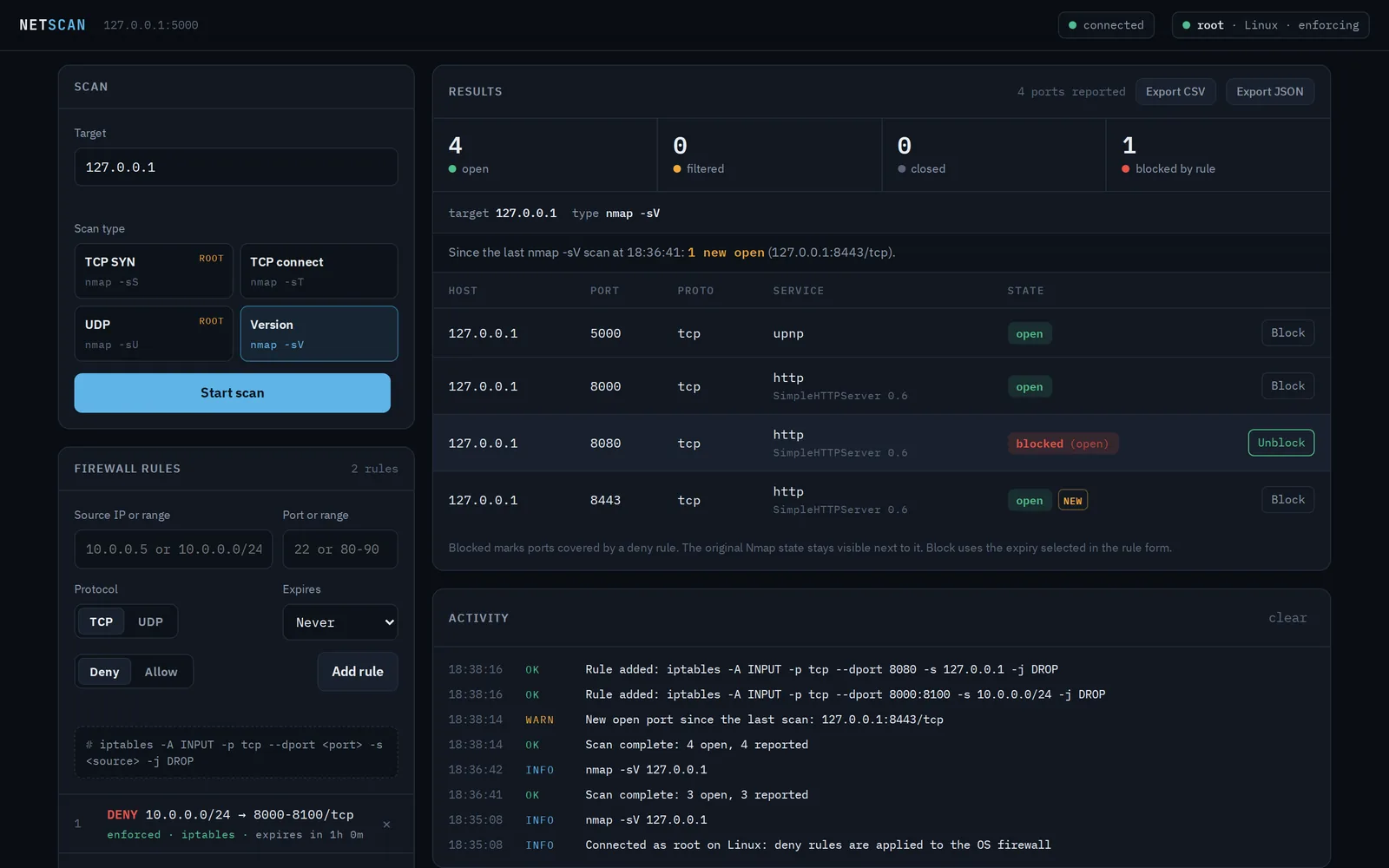 Network Security Scanner console with a port blocked by an iptables rule