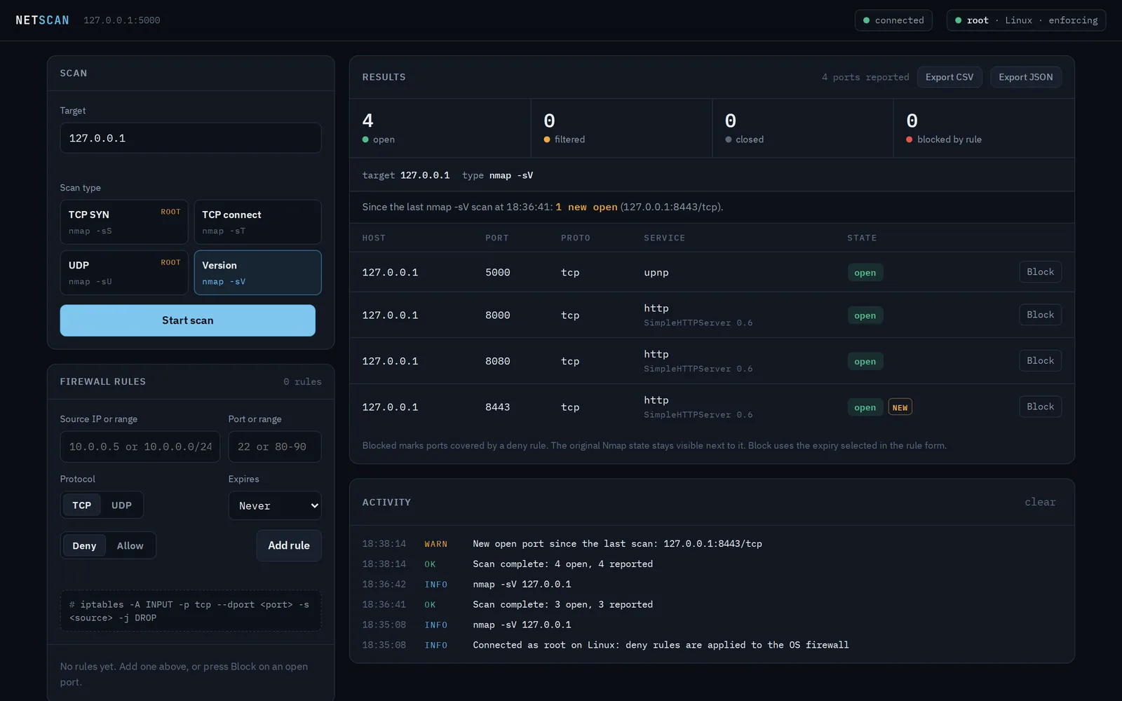Scan results with a new open port flagged since the last scan