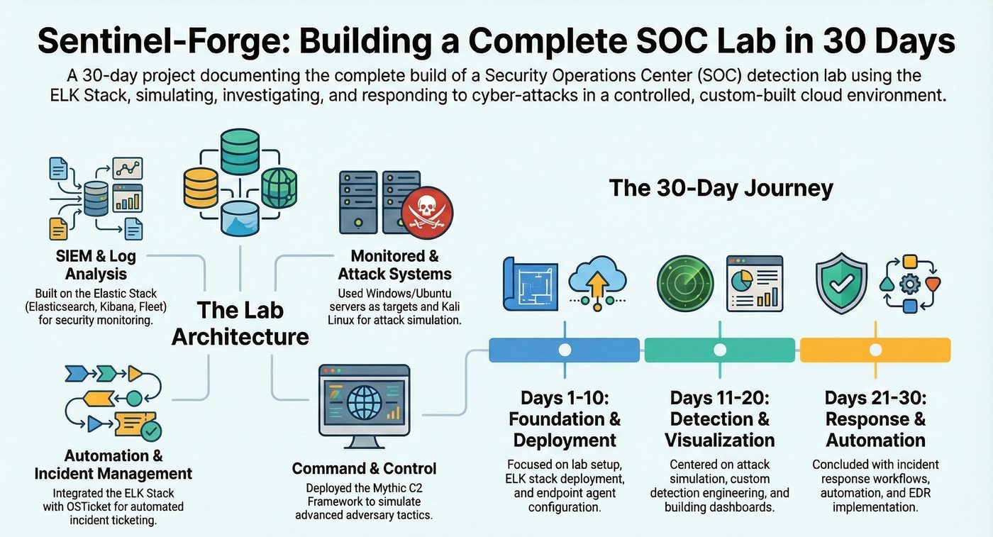 Sentinel-Forge project overview infographic showing the 30-day build phases