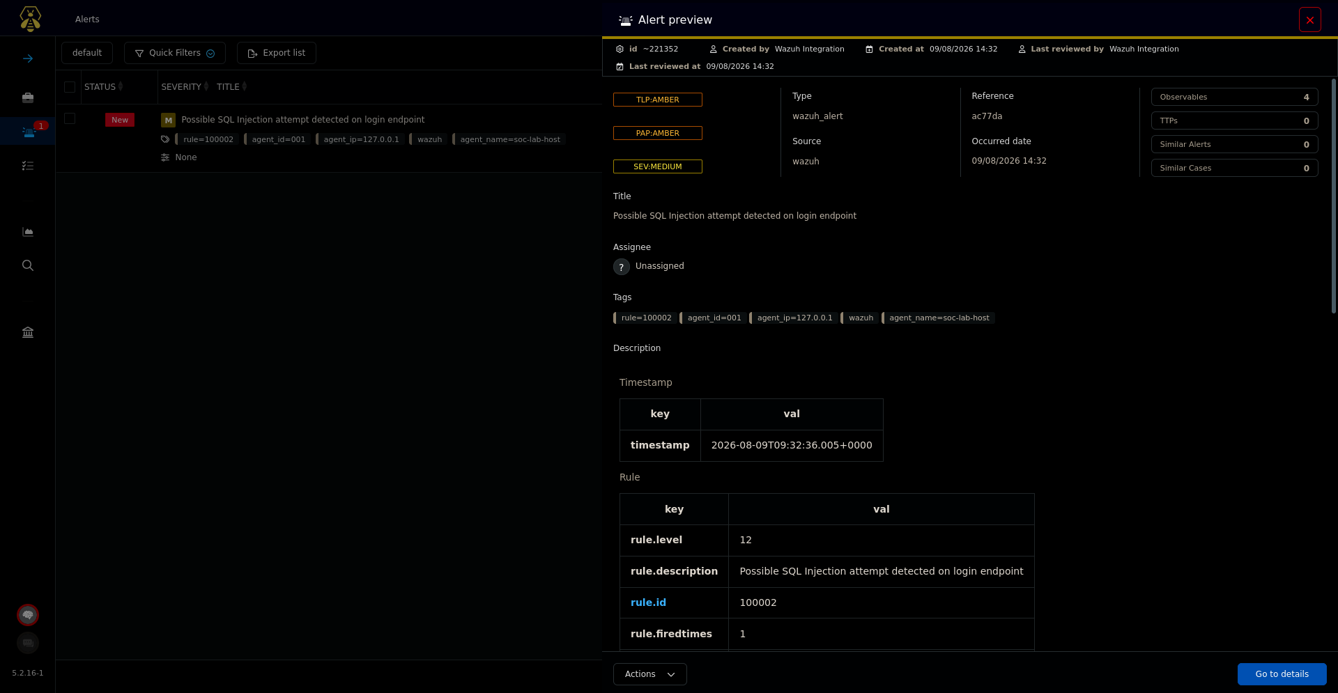 TheHive alert automatically created from a Wazuh detection